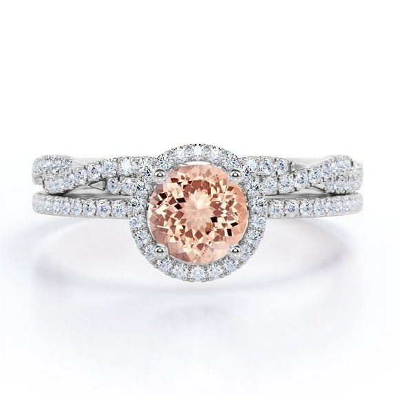 JeenMata Four-Prong Halo Setting 1.5 Carat Round Brilliant Cut Pinky Peach created morganite and Moissanite Pave Infinity Bridal Ring Set in 18K White Gold Plating over Silver