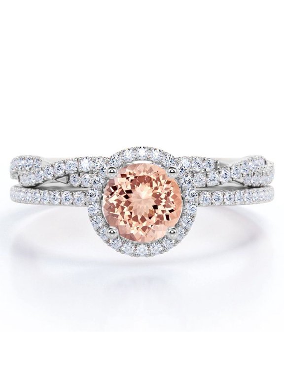 Four-Prong Halo Setting 1.5 Carat Round Brilliant Cut Pinky Peach created morganite and Moissanite Pave Infinity Bridal Ring Set in 18K White Gold Plating over Silver