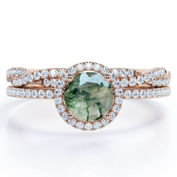 JeenMata Four-Prong Halo Setting 1.5 Carat Round Brilliant Cut Polished Dendritic Moss Green Agate and Moissanite Pave Infinity Bridal Ring Set in 18K Rose Gold Plating over Silver