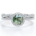 thumbnail image 1 of JeenMata Four-Prong Halo Setting 1.5 Carat Round Brilliant Cut Polished Dendritic Moss Green Agate and Moissanite Pave Infinity Bridal Ring Set in 18K White Gold Plating over Silver, 1 of 7