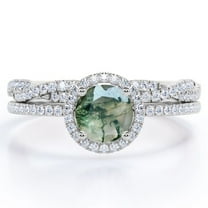 JeenMata Four-Prong Halo Setting 1.5 Carat Round Brilliant Cut Polished Dendritic Moss Green Agate and Moissanite Pave Infinity Bridal Ring Set in 18K White Gold Plating over Silver