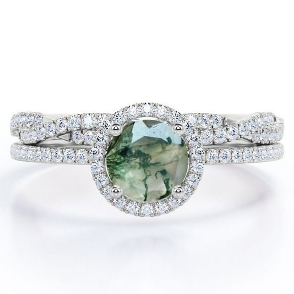 JeenMata Four-Prong Halo Setting 1.5 Carat Round Brilliant Cut Polished Dendritic Moss Green Agate and Moissanite Pave Infinity Bridal Ring Set in 18K White Gold Plating over Silver