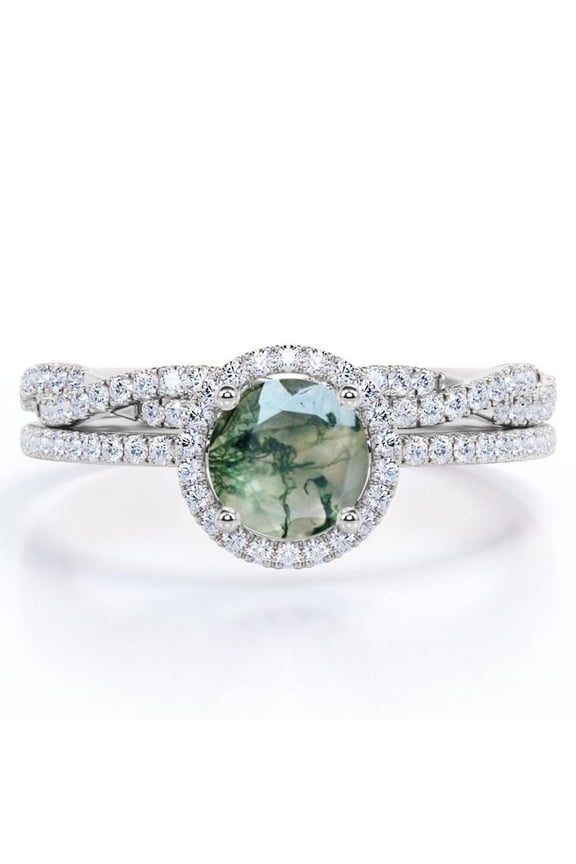 Four-Prong Halo Setting 1.5 Carat Round Brilliant Cut Polished Dendritic Moss Green Agate and Moissanite Pave Infinity Bridal Ring Set in 18K White Gold Plating over Silver