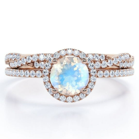JeenMata Four-Prong Halo Setting 1.75 Carat Round Brilliant Cut Blue Moonstone and Moissanite Pave Infinity Bridal Ring Set in 18K Rose Gold Plating over Silver