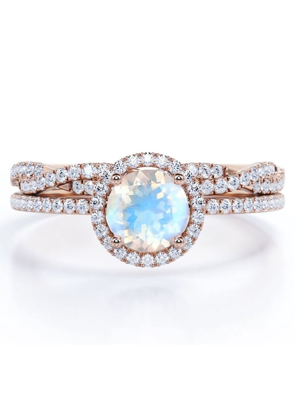 Four-Prong Halo Setting 1.75 Carat Round Brilliant Cut Blue Moonstone and Moissanite Pave Infinity Bridal Ring Set in 18K Rose Gold Plating over Silver