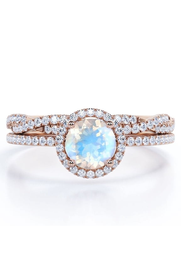 Four-Prong Halo Setting 1.75 Carat Round Brilliant Cut Blue Moonstone and Moissanite Pave Infinity Bridal Ring Set in 18K Rose Gold Plating over Silver