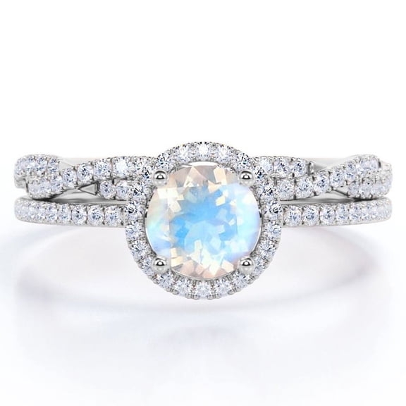 JeenMata Four-Prong Halo Setting 1.75 Carat Round Brilliant Cut Blue Moonstone and Moissanite Pave Infinity Bridal Ring Set in 18K White Gold Plating over Silver