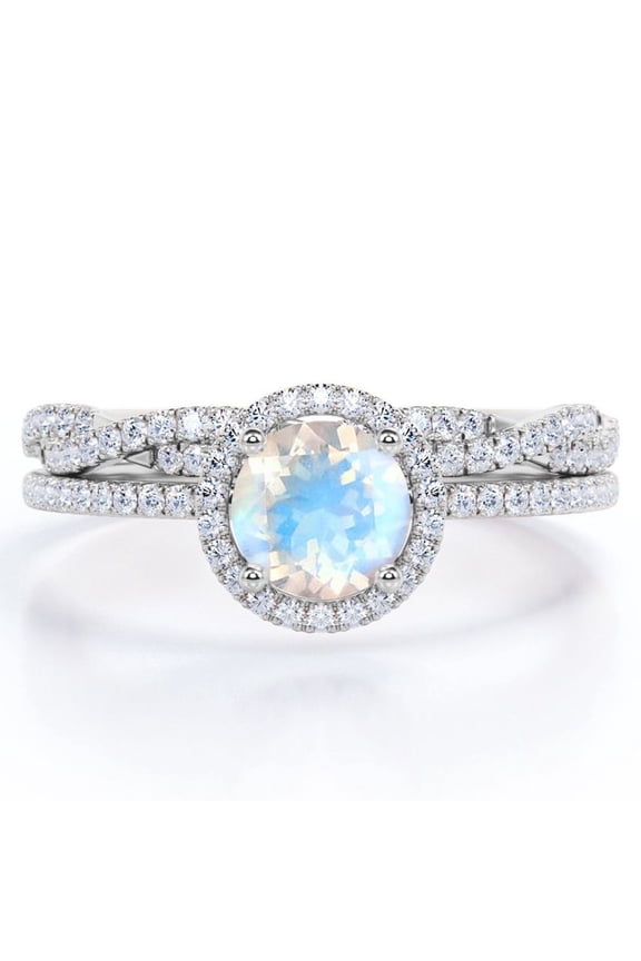 Four-Prong Halo Setting 1.75 Carat Round Brilliant Cut Blue Moonstone and Moissanite Pave Infinity Bridal Ring Set in 18K White Gold Plating over Silver