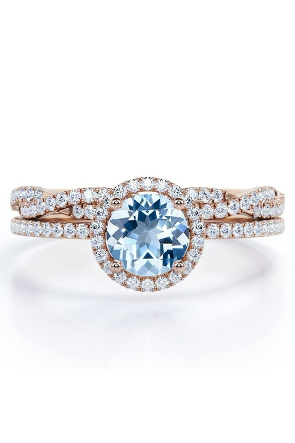 Four-Prong Halo Setting 1.75 Carat Round Brilliant Cut Brazilian Created Aquamarine and Moissanite Pave Infinity Bridal Ring Set in 18K Rose Gold Plating over Silver