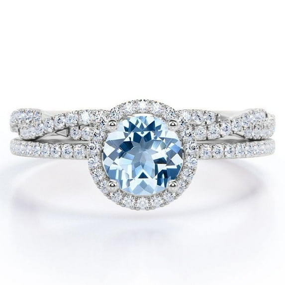 JeenMata Four-Prong Halo Setting 1.75 Carat Round Brilliant Cut Brazilian Created Aquamarine and Moissanite Pave Infinity Bridal Ring Set in 18K White Gold Plating over Silver