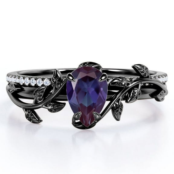 JeenMata Four-Prong Pave Set 1.75 Carat Pear-Shaped Lab Created Alexandrite and Moissanite Nature-Inspired Bridal Set in 18K Black Gold Plating over Silver
