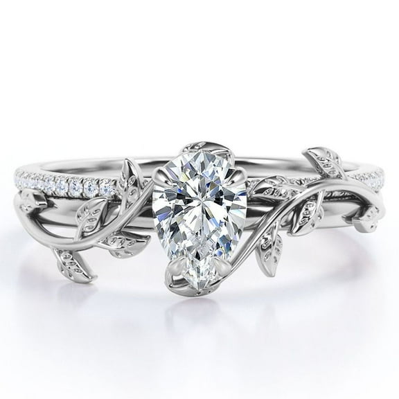 JeenMata Four-Prong Pave Set 1.75 Carat Pear-Shaped Moissanite Nature-Inspired Bridal Set in 18K White Gold Plating over Silver