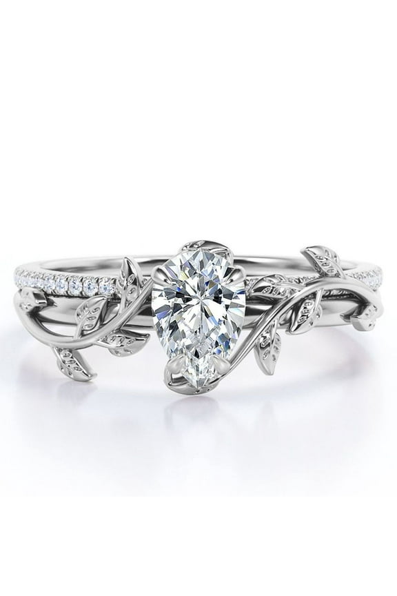 Four-Prong Pave Set 1.75 Carat Pear-Shaped Moissanite Nature-Inspired Bridal Set in 18K White Gold Plating over Silver