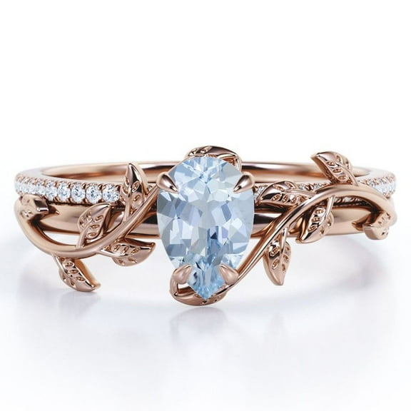 JeenMata Four-Prong Pave Set 1.75 Carat Pear-Shaped Ocean Blue Created Aquamarine and Moissanite Nature-Inspired Bridal Set in 18K Rose Gold Plating over Silver