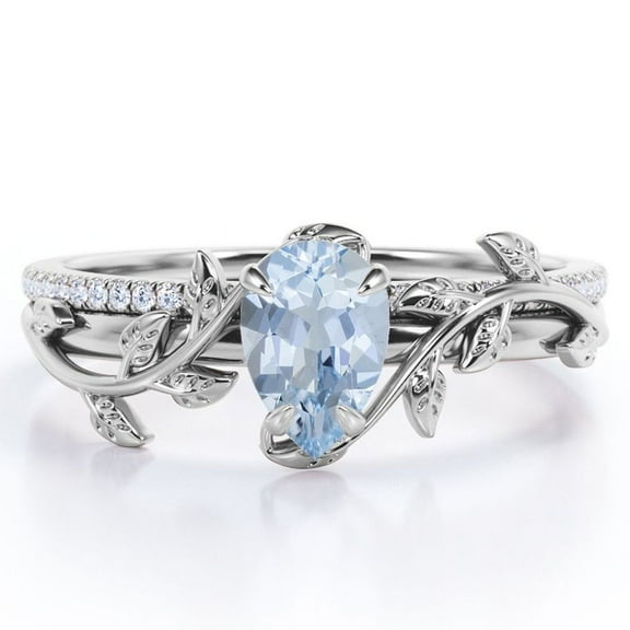JeenMata Four-Prong Pave Set 1.75 Carat Pear-Shaped Ocean Blue Created Aquamarine and Moissanite Nature-Inspired Bridal Set in 18K White Gold Plating over Silver