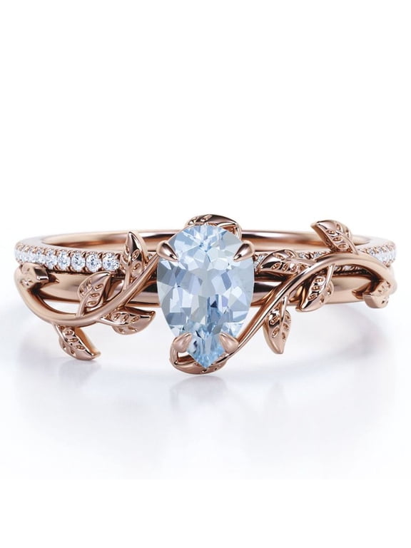 Four-Prong Pave Set 1.75 Carat Pear-Shaped Ocean Blue Created Aquamarine and Moissanite Nature-Inspired Bridal Set in 18K Rose Gold Plating over Silver