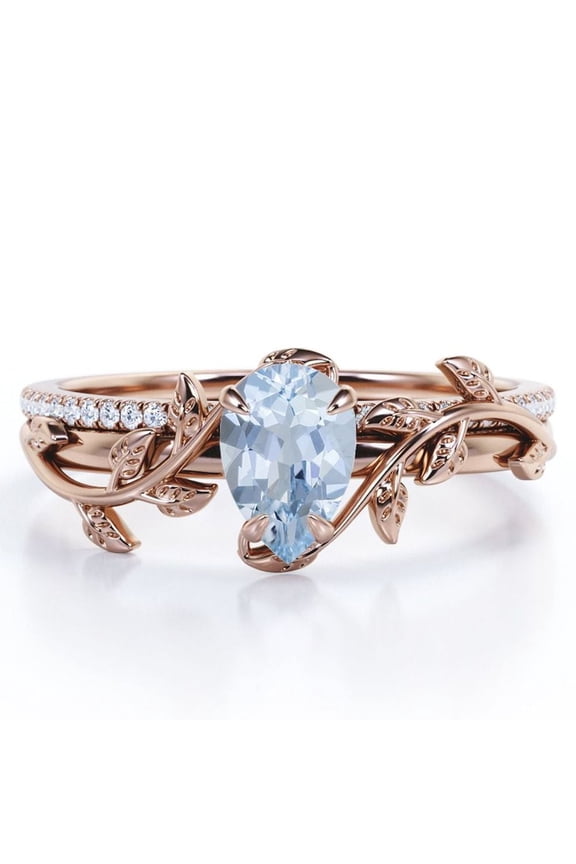 Four-Prong Pave Set 1.75 Carat Pear-Shaped Ocean Blue Created Aquamarine and Moissanite Nature-Inspired Bridal Set in 18K Rose Gold Plating over Silver