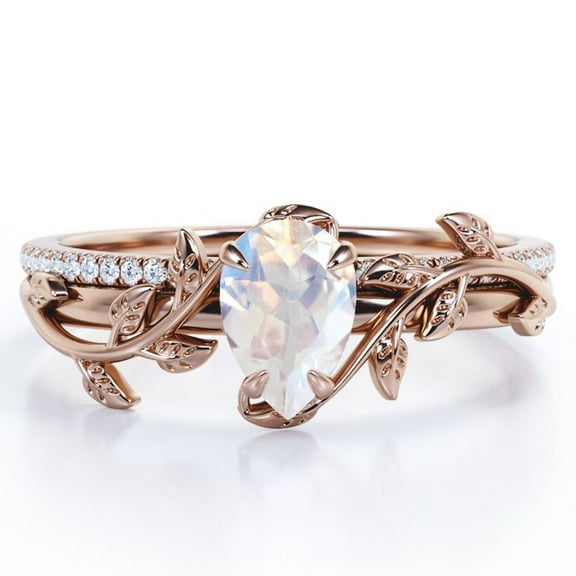 JeenMata Four-Prong Pave Set 1.75 Carat Pear-Shaped Rainbow Moonstone and Moissanite Nature-Inspired Bridal Set in 18K Rose Gold Plating over Silver