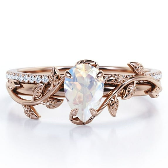 JeenMata Four-Prong Pave Set 1.75 Carat Pear-Shaped Rainbow Moonstone and Moissanite Nature-Inspired Bridal Set in 18K Rose Gold Plating over Silver