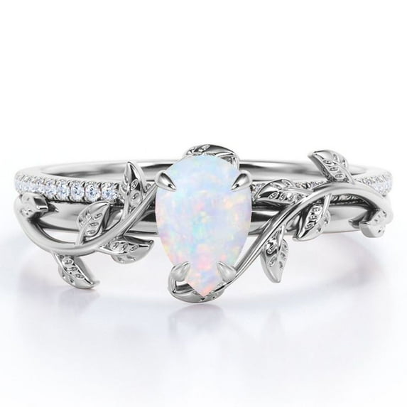 JeenMata Four-Prong Pave Set 1.75 Carat Pear-Shaped Rainbow Opal and Moissanite Nature-Inspired Bridal Set in 18K White Gold Plating over Silver
