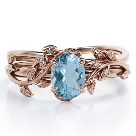 JeenMata Four Prong Set 1.3 Carat Oval Shaped Light Blue Created Aquamarine Vine Leaf Design Wedding Set in 18K Rose Gold Plating over Silver