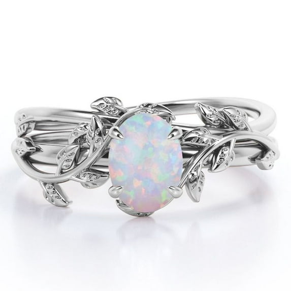 JeenMata Four Prong Set 1.3 Carat Oval Shaped Pin Opal Vine Leaf Design Wedding Set in 18K White Gold Plating over Silver
