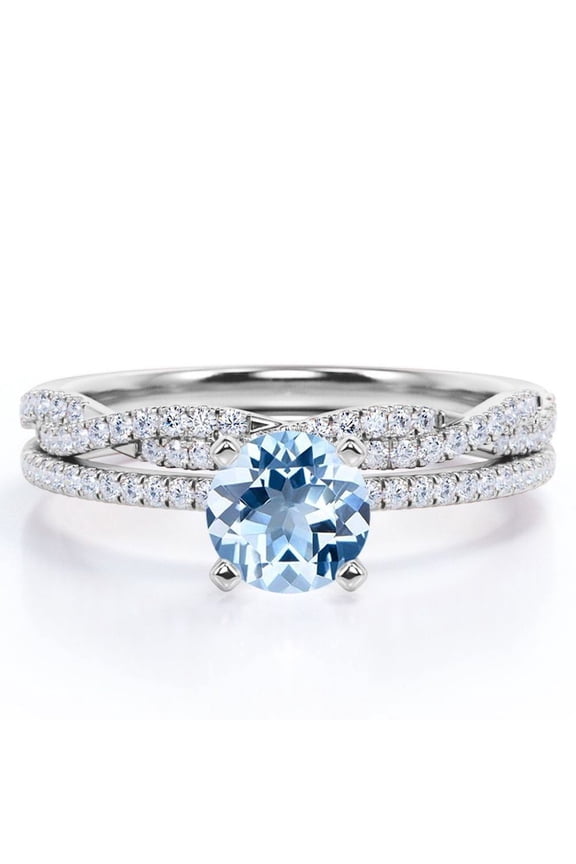 Four-Prong Setting 1.5 Round Cut Bright Blue Created Aquamarine and Moissanite Pave Infinity Twisted Band Bridal Set in 18K White Gold Plating over Silver