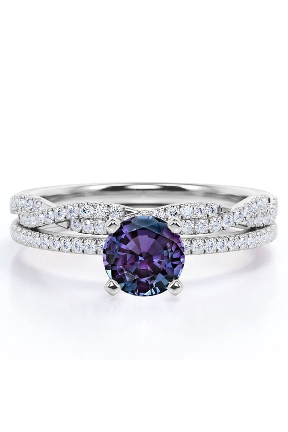 Four-Prong Setting 1.5 Round Cut Lab Created Alexandrite and Moissanite Pave Infinity Twisted Band Bridal Set in 18K White Gold Plating over Silver