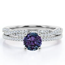 JeenMata Four-Prong Setting 1.5 Round Cut Lab Created Alexandrite and Moissanite Pave Infinity Twisted Band Bridal Set in 18K White Gold Plating over Silver