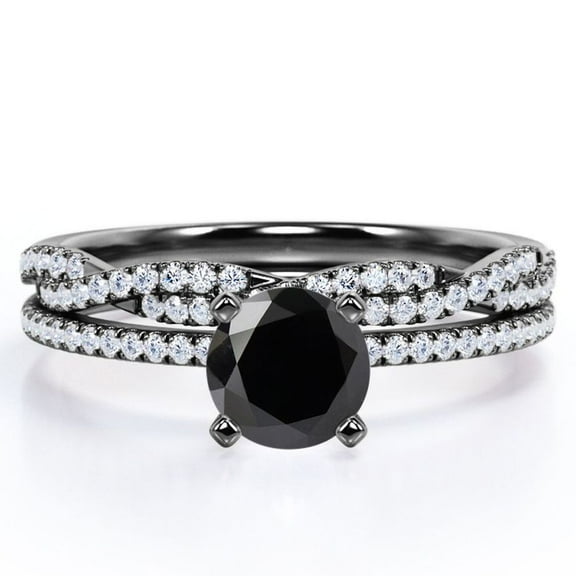 JeenMata Four-Prong Setting 1.5 Round Cut Lab Created Black Diamond and Moissanite Pave Infinity Twisted Band Bridal Set in 18K Black Gold Plating over Silver