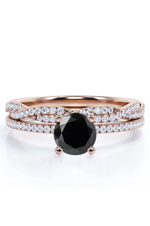 Four-Prong Setting 1.5 Round Cut Lab Created Black Diamond and Moissanite Pave Infinity Twisted Band Bridal Set in 18K Rose Gold Plating over Silver