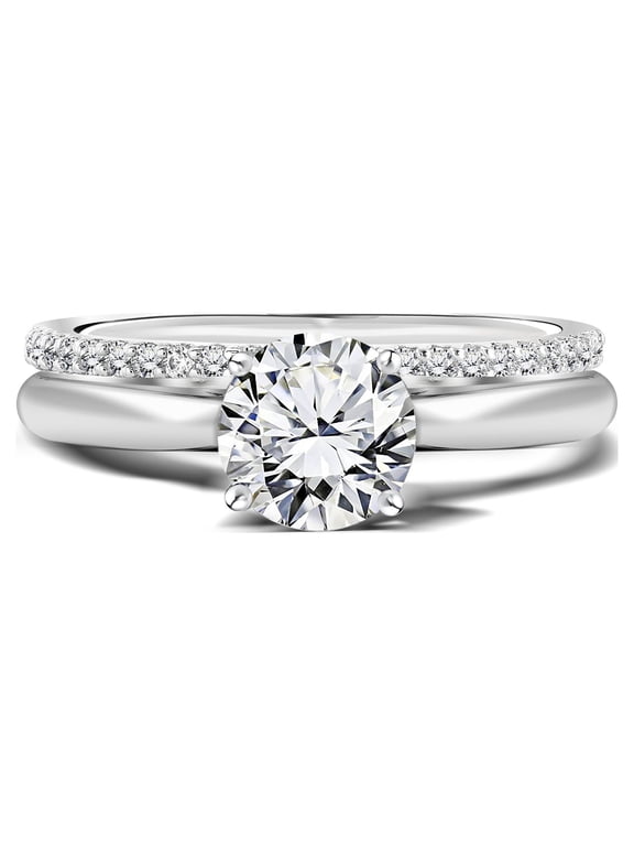 Four-Prong Setting - 1.25 Carat Round Shaped - Pave Wedding Set - 18K White Gold Plating over Silver (CUSTOMIZE YOUR WEDDING RING BAND)