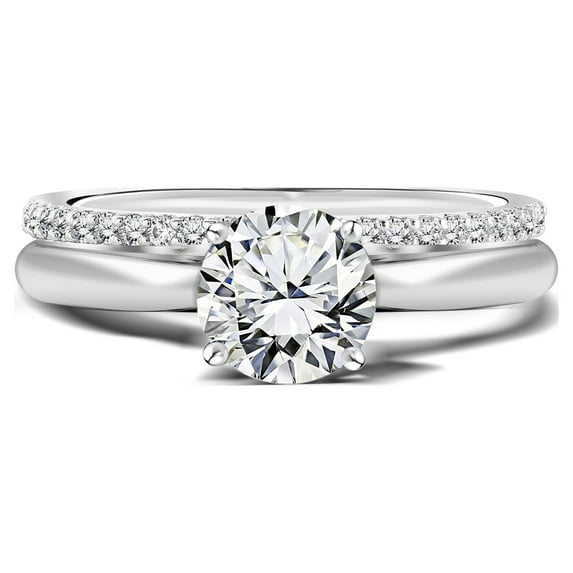 JeenMata Four-Prong Setting - 1.25 Carat Round Shaped - Pave Wedding Set - 18K White Gold Plating over Silver (CUSTOMIZE YOUR WEDDING RING BAND)