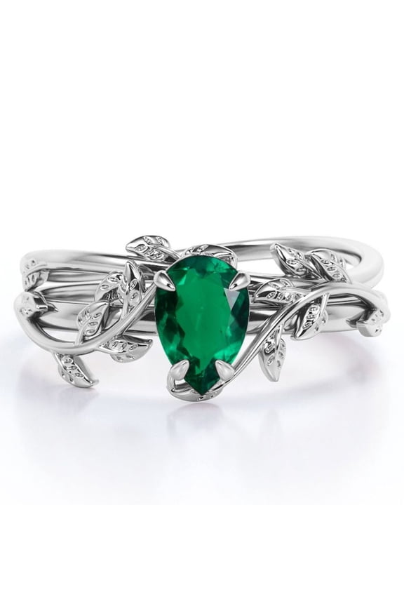 Four Prong Solitaire - 1 TCW Pear Shaped Lab Created Emerald - Leaf Pattern Wedding Set - 18K White Gold Plating over Silver