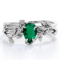 JeenMata Four Prong Solitaire - 1 TCW Pear Shaped Lab Created Emerald - Leaf Pattern Wedding Set - 18K White Gold Plating over Silver