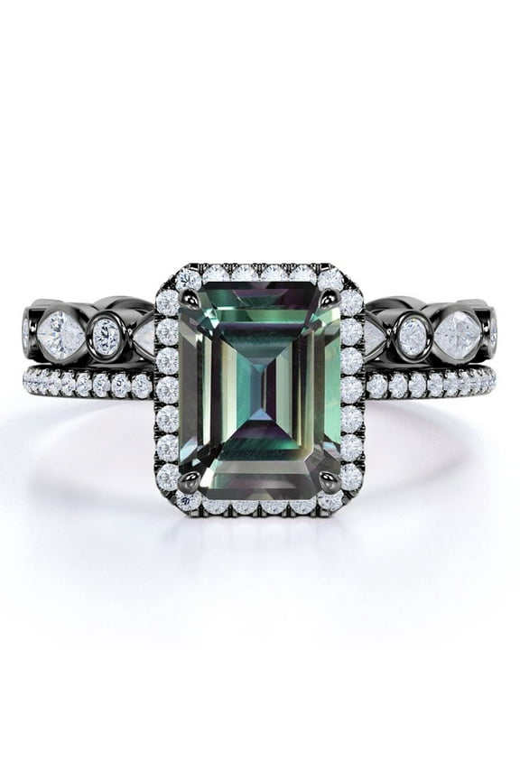 Framed Halo 2 Carat Emerald Cut Synthetic Alexandrite and Moissanite Wedding Ring Set with Eternity Wedding Band - 18k Black Gold over Silver