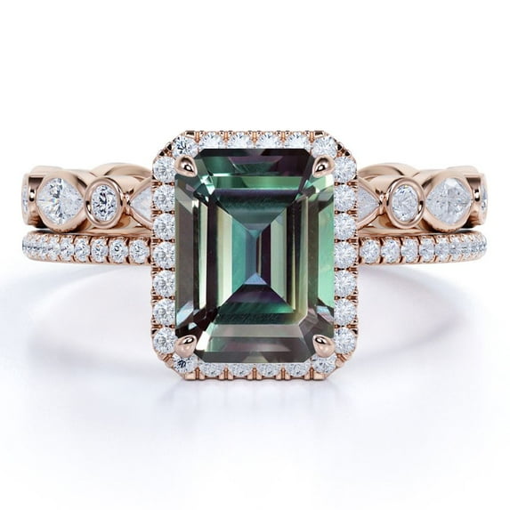 JeenMata Framed Halo 2 Carat Emerald Cut Synthetic Alexandrite and Moissanite Wedding Ring Set with Eternity Wedding Band - 18k Rose Gold over Silver