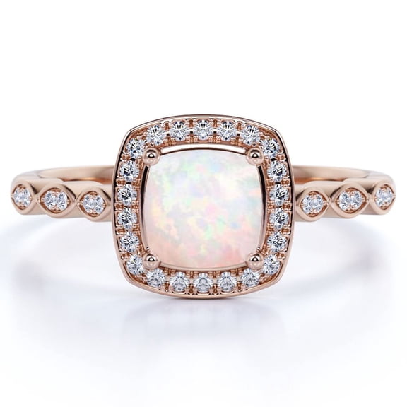 JeenMata Genuine 1.50 ct Cushion Cut Opal and Moissanite Vintage Engagement Ring in 18K Rose Gold over Silver