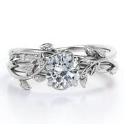 JeenMata Half Carat Round Real Diamond Bridal Set - Leaf and Vine Diamond Wedding Ring Set - 10k White Gold