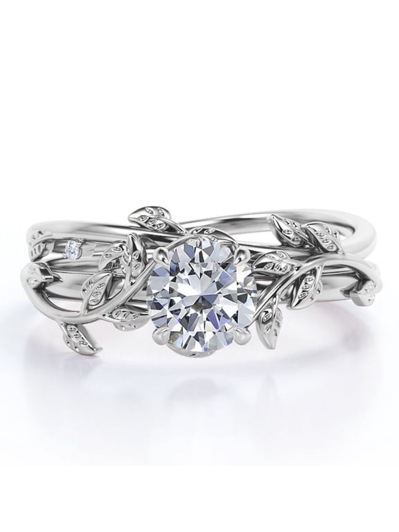 Half Carat Round Lab Grown Diamond Bridal Set - Leaf and Vine Diamond Wedding Ring Set - 10k White Gold
