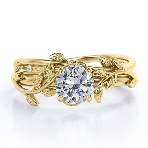 JeenMata Half Carat Round Real Diamond Bridal Set - Leaf and Vine Diamond Wedding Ring Set - 10k Yellow Gold
