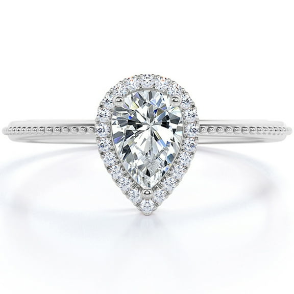 JeenMata Halo 1 Carat Pear Shaped Moissanite Milgrain Edge Engagement Ring In 18K White Gold Plating Over Silver