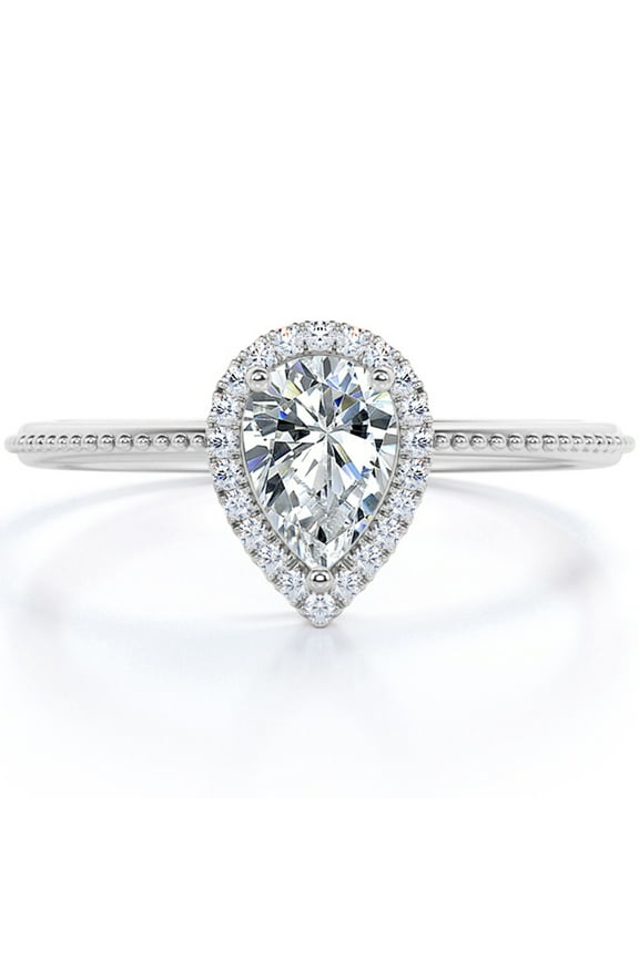 Halo 1 Carat Pear Shaped Moissanite Milgrain Edge Engagement Ring In 18K White Gold Plating Over Silver