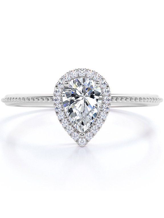 Halo 1 Carat Pear Shaped Moissanite Milgrain Edge Engagement Ring In 18K White Gold Plating Over Silver