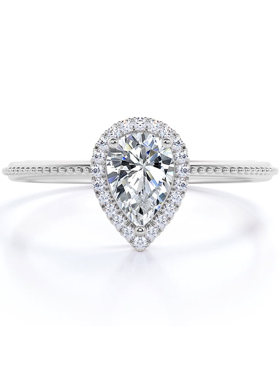 Halo 1 Carat Pear Shaped Moissanite Milgrain Edge Engagement Ring In 18K White Gold Plating Over Silver