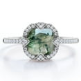 thumbnail image 1 of JeenMata Halo Bezel Cluster - 1.5 Carat Cushion Cut Opaque Milky Moss Green Agate and Moissanite - Pave Engagement Ring - 18K White Gold Plating over Silver, 1 of 7