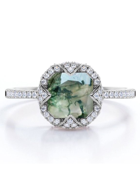 Halo Bezel Cluster - 1.5 Carat Cushion Cut Opaque Milky Moss Green Agate and Moissanite - Pave Engagement Ring - 18K White Gold Plating over Silver