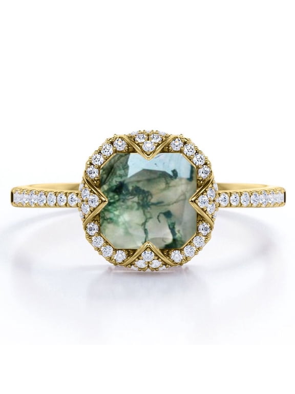 Halo Bezel Cluster - 1.5 Carat Cushion Cut Opaque Milky Moss Green Agate and Moissanite - Pave Engagement Ring - 18K Yellow Gold Plating over Silver