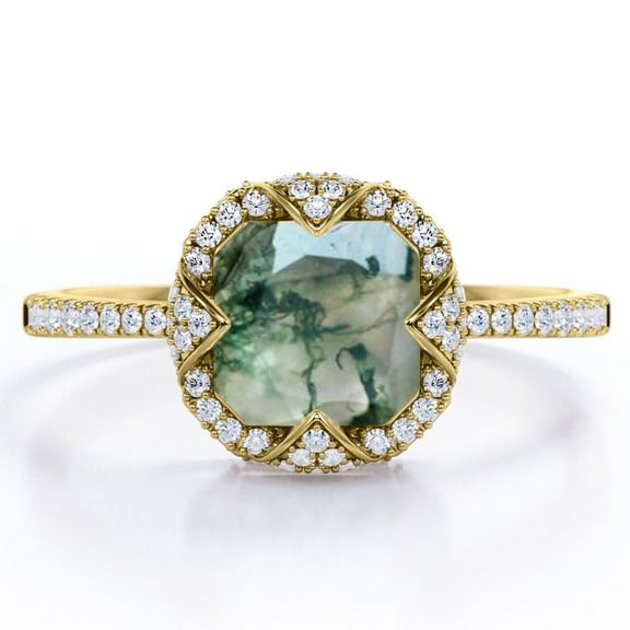 JeenMata Halo Bezel Cluster - 1.5 Carat Cushion Cut Opaque Milky Moss Green Agate and Moissanite - Pave Engagement Ring - 18K Yellow Gold Plating over Silver