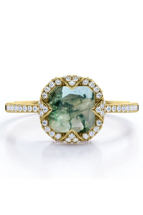 Halo Bezel Cluster - 1.5 Carat Cushion Cut Opaque Milky Moss Green Agate and Moissanite - Pave Engagement Ring - 18K Yellow Gold Plating over Silver